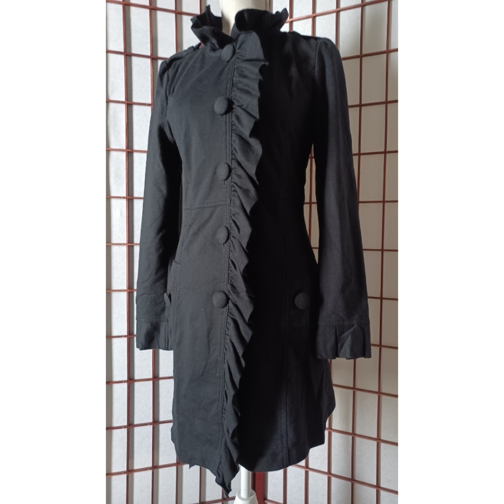 Kare | Black Ruffled Button Front Cotton-Blend Long Jacket